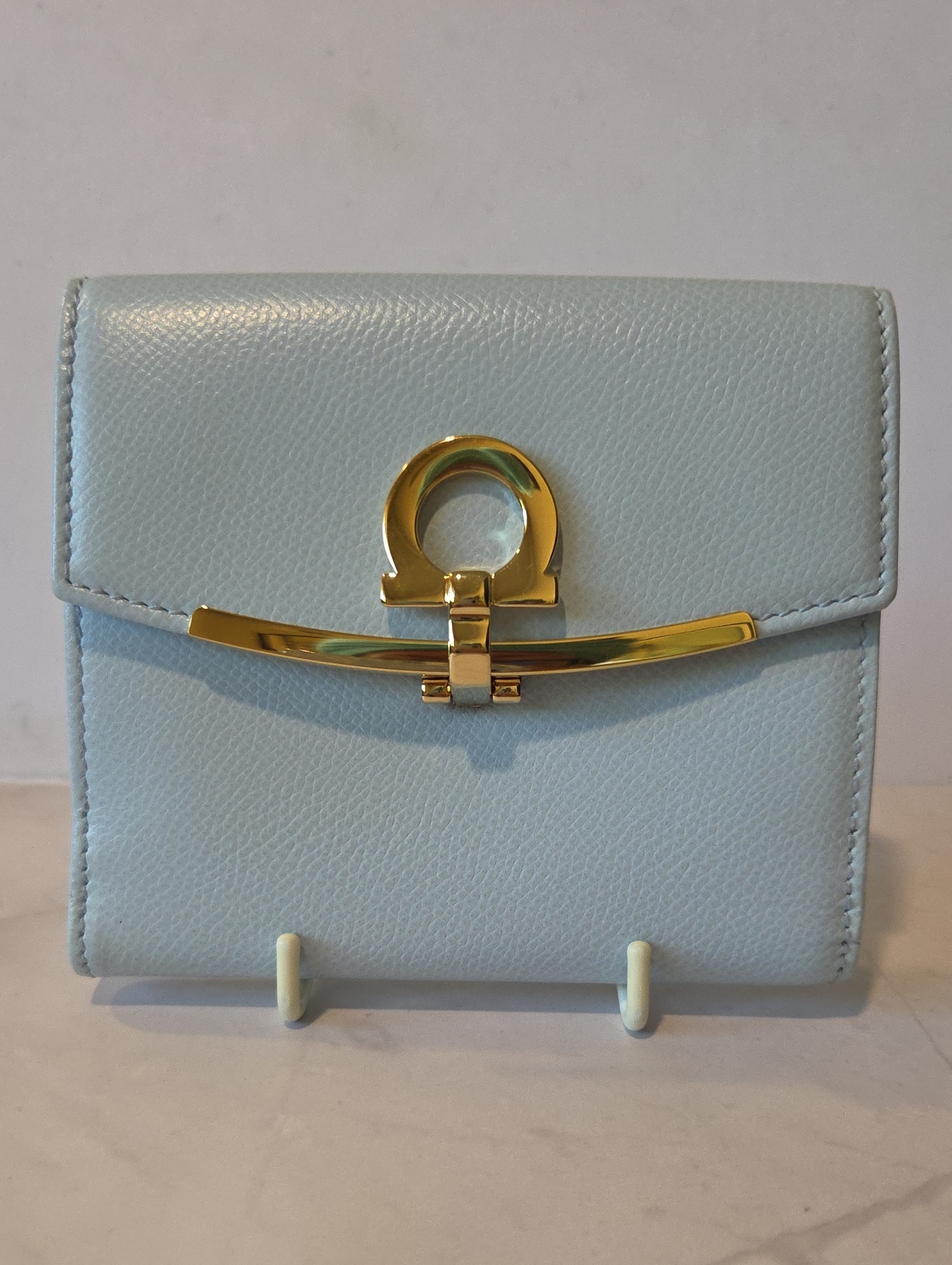 Salvatore Ferragamo Light Blue Leather Wallet With Gold Gancini Accent
